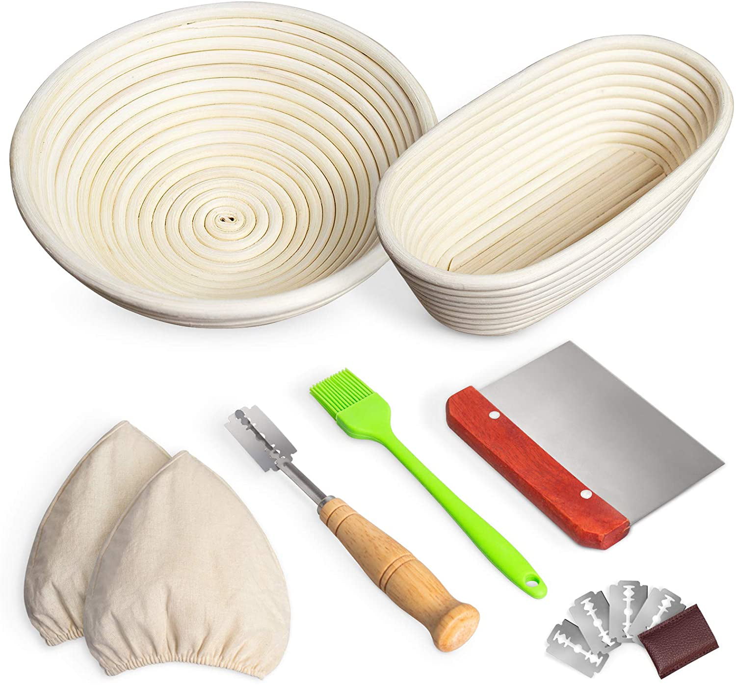 2 Pieces Bread Proofing Basket 9-Inch Round and 10-Inch Oval Fermentation Baskets Sourdough Basket Kit Includes 2 Liners， 1 Stainless Steel Dough Scraper， 1 Bread Lame， 4 Replaceable Blades 