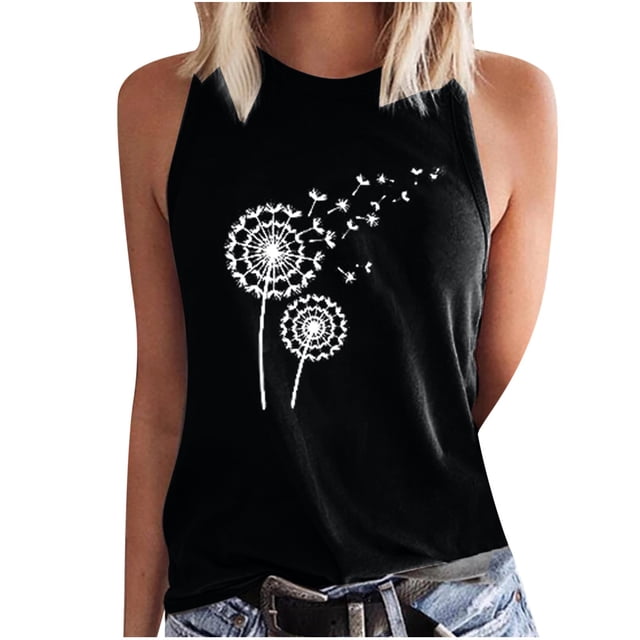 PVCS Women Dandelions Print Tank Fit O-Neck Sleeveless Block Shirts Tunic Tee Tops