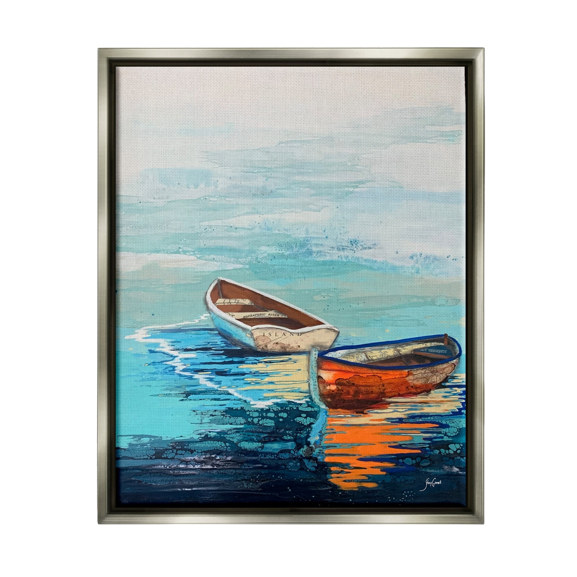 Stupell Industries Quiet Boats Drifting Vivid Ocean Surface Reflection Painting Luster Gray Floating Framed Canvas Print Wall Art, Design by Stacy Gresell