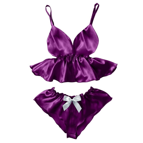 Babysbule Womens Pajamas Women V-Neck Eyelash Lace Stain Camisole Pajamas Bowknot Shorts Set