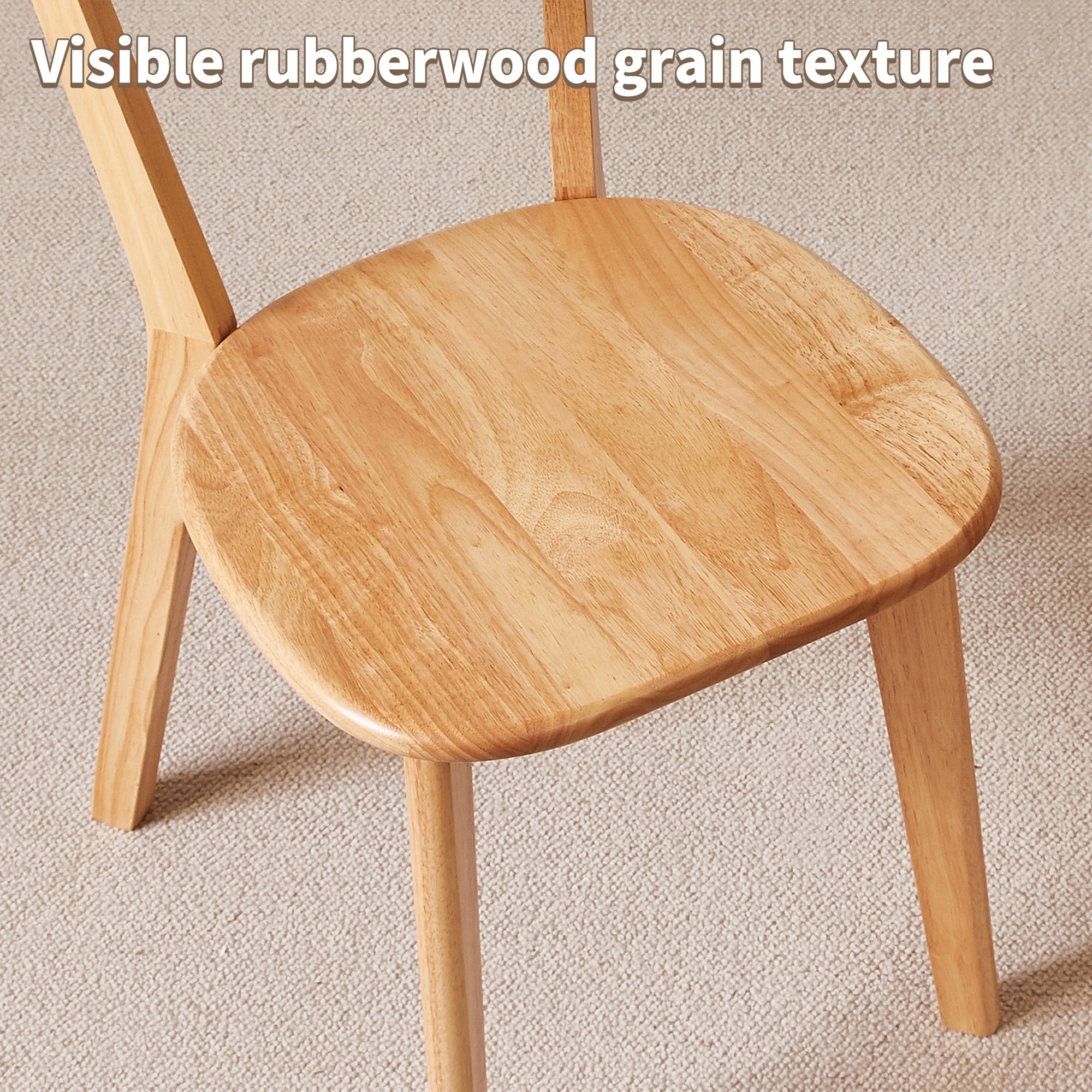 Dining Chairs Set of 2, Solid Rubberwood Kitchen Chairs with Curved Backrest, Wooden Accent Chairs for Vanity and Breakfast Nook, Natural Wood