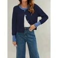 thumbnail image 4 of Women'S Cropped Cardigan Sweaters Fall Long Sleeve Open Front Button Down Color Block Knit Outwear Coats Dark Blue XL, 4 of 8