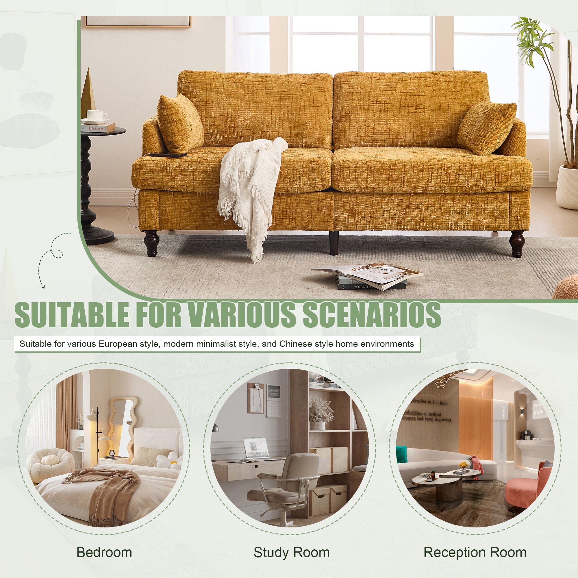 68.9" Sofa Couch,Modern 2 Seater Upholstered Loveseat Sofa Couch with LED light&USB for Living Room,Bedroom,Mustard yellow