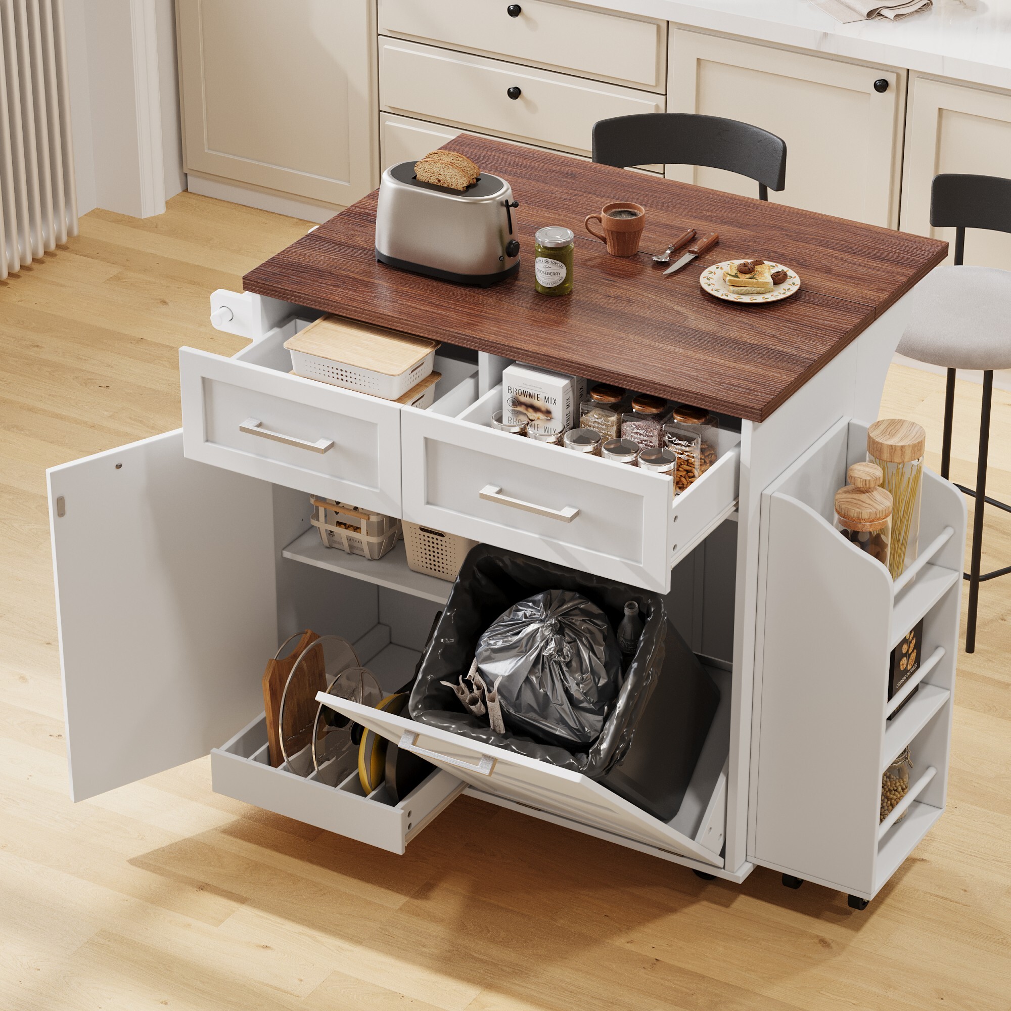 AENKYO 47.2" Farmhouse Kitchen Island with Removable Side Shelf, Tilt-Out Trash Bin, Storage Cabinet & Drawers, White