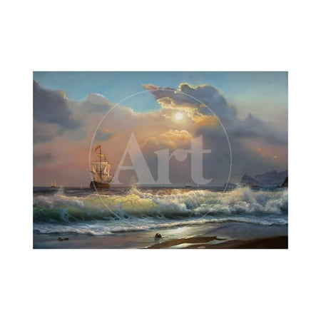 Wax Seal Sailboat - Oil Painting On Canvas , Sailboat Against A Background Of Sea Print Wall Art By Lilun