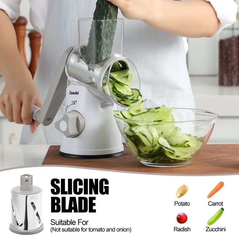 Geedel Rotary Cheese Grater, Kitchen Grater Vegetable Slicer with 3  Interchangeable Blades, Powerful Suction, Dishwasher Safe, Easy to Clean  Grater for Vegetable, Fruit, Nuts 