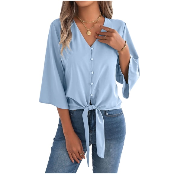 VEKDONE Women's V Neck Tie Front Blouse 3/4 Flare Sleeve Button Down Shirt Casual Loose Fit Lightweight Tunic Tops for Daily Wear Blue S