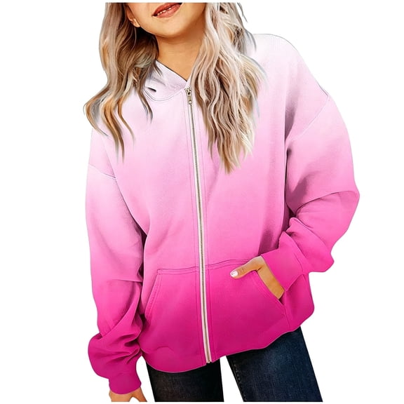 TQWQT Girls Zip Up Hoodie Gradient Print Long Sleeve Pullover Jacket Kids Oversized Sweatshirt Colorful Tie Dye Outerwear Fall Winter Casual Coat Youth Fashion Streetwear Hot Pink 11-12 Years