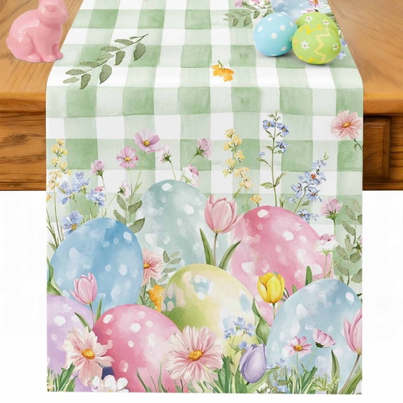 Easter Eggs Table Runner 90 Inches Long for Kitchen Dining, Spring Daisy Eucalyptus Leaves Sage Green Plaid Dresser Scarf Farmhouse, Dining Table Decorations for Wedding/Parties, 13 x 90 In