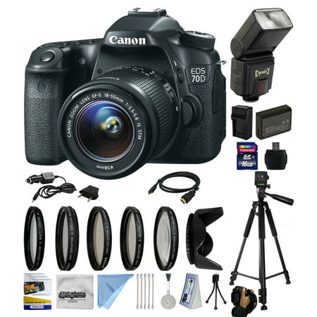 Canon EOS 70D Digital SLR Camera with 18-55mm STM Lens with 16GB Memory + Flash + Extra Battery + Charger + UV-CPL-FL-ND4-10x Macro Filters + Cleaning Kit + (16GB Deluxe Bundle) 8469B009