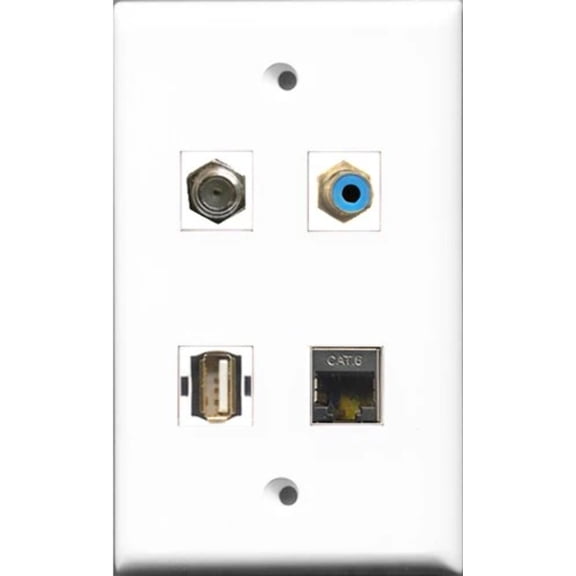 RiteAV 1 Port RCA Blue and 1 Port Coax Cable TV- F-Type and 1 Port USB A-A and 1 Port Shielded Cat6 Ethernet Wall Plate