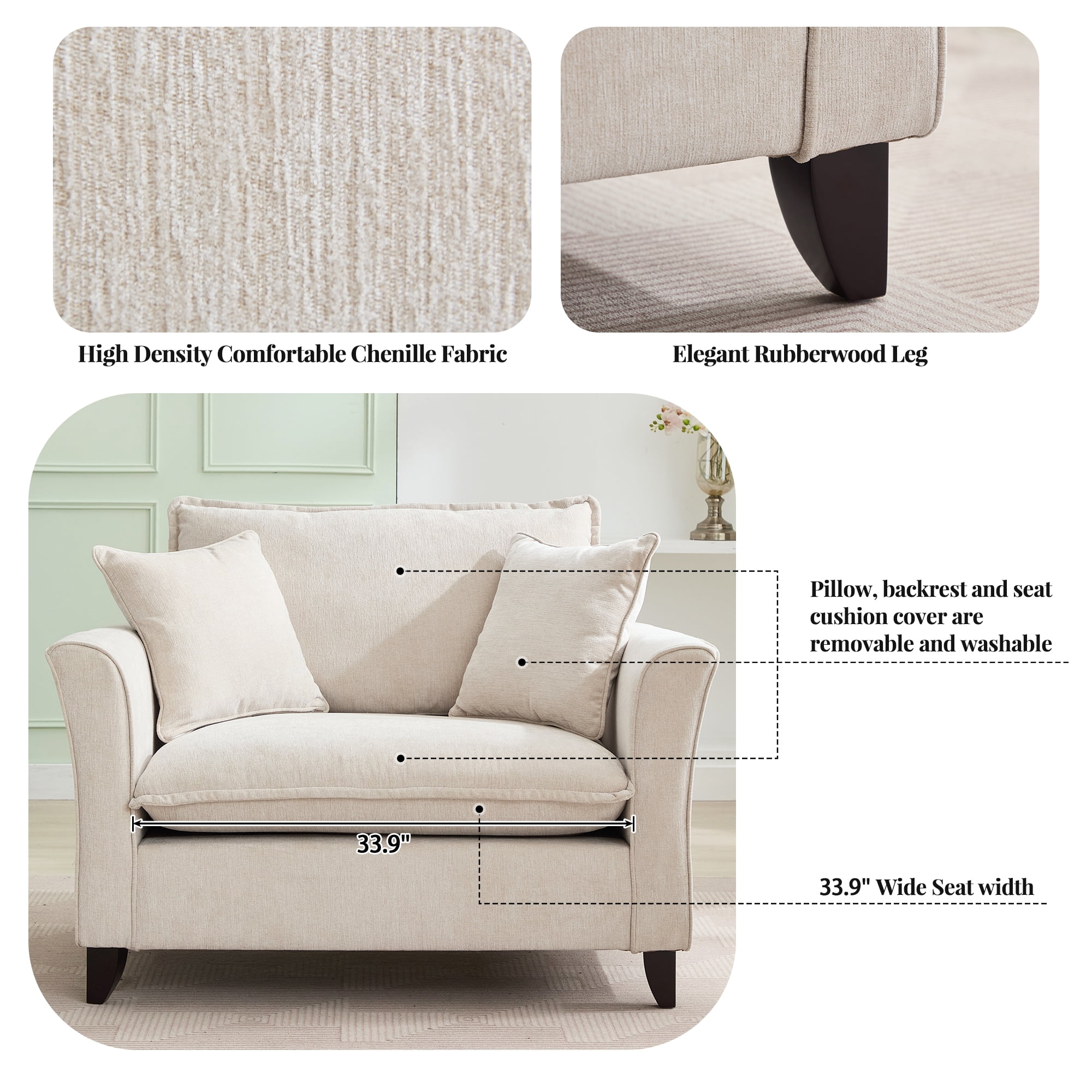 Euroco 46.9" Oversized Armchair, Chenille Fabric, Comfy Chair and a Half Single Sofa with Pillow for Living Room Bedroom Office Apartment, Cream