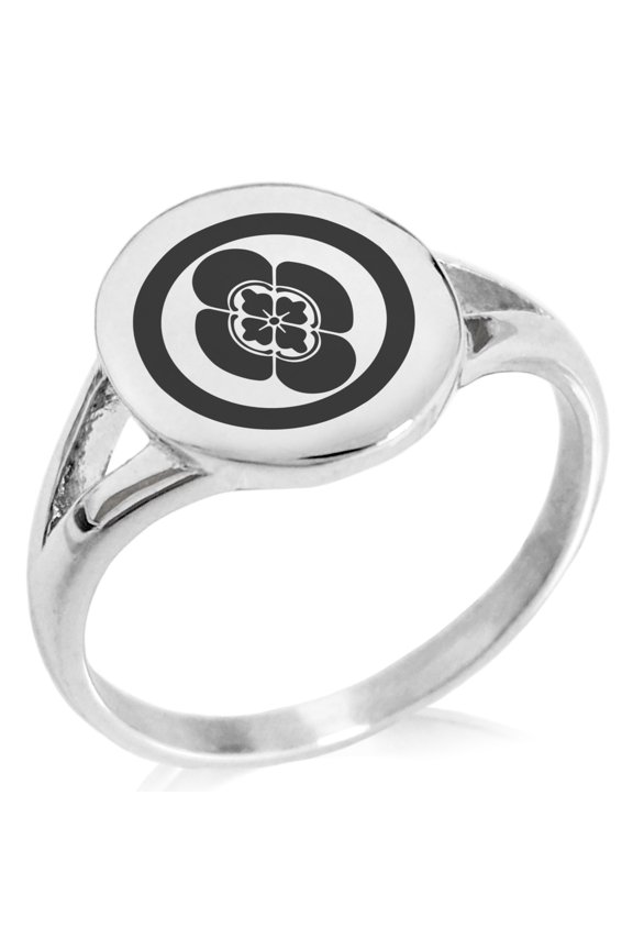 Stainless Steel Takigawa Samurai Crest Minimalist Oval Top Polished Statement Signet Ring