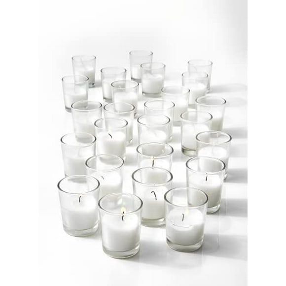 Serene Spaces Living 100-Pack White Unscented Votive Candles in Glass Holders – 10-Hour Burn Time – Elegant Candle Set for Weddings, Parties, Home, and Spa Decor, 2" Tall and 1.75" Diameter