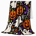 thumbnail image 2 of Smiling Ghosts with Jack O Lanterns and Moons, Checker Star Party Motif Cozy Flannel Blanket, Bright autumn celebration Art for families, 2 of 7