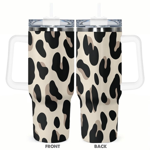 40oz Leopard Print Travel Tumbler with Handle and Straw Lid Neutral Animal Pattern Insulated Car Coffee Cup Gift for Women