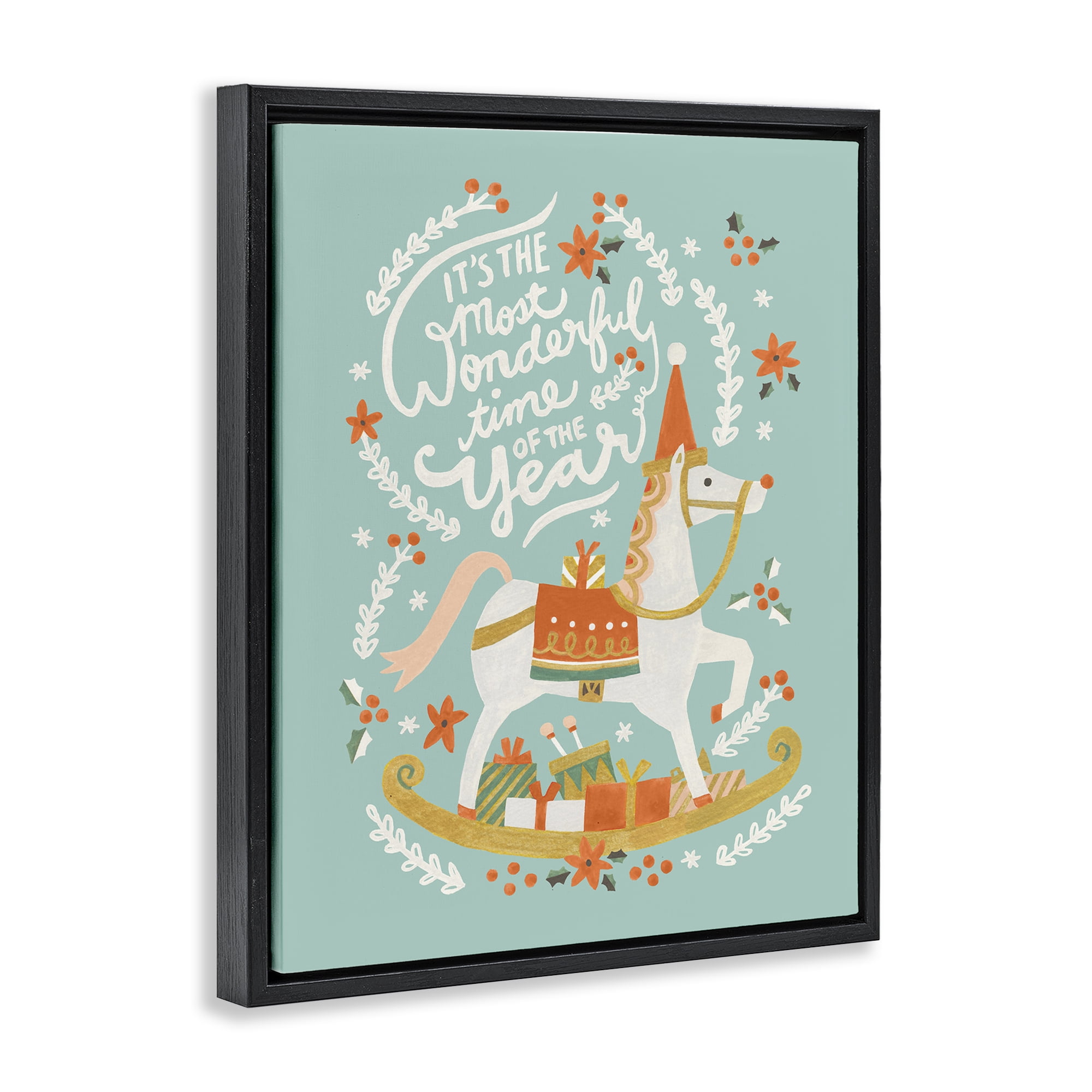 Stupell Industries Seasonal Horse & Sled Phrase Holiday Painting Black Floater Framed Canvas Art Print Wall Art, 25 x 31