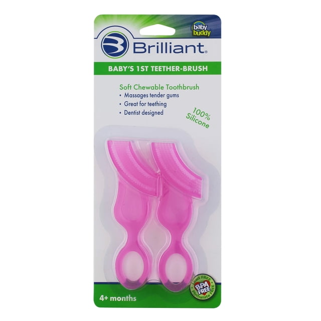 Brilliant Primer Cepillo de Dientes para Bebés, Mordedor de Silicona Masticable, sin BPA para Bebés y Niños Pequeños, Rosa, 2 pzas