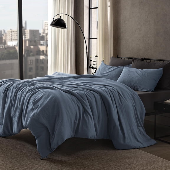 SLEEP ZONE Twin/Twin XL Comforter Set, Duvet Insert with Natural Wrinkle Texture, Cotton-Linen Feel, Lightweight and Breathable Fluffy Bedding Sets with Comforter and PillowShams (Flint Stone Blue)