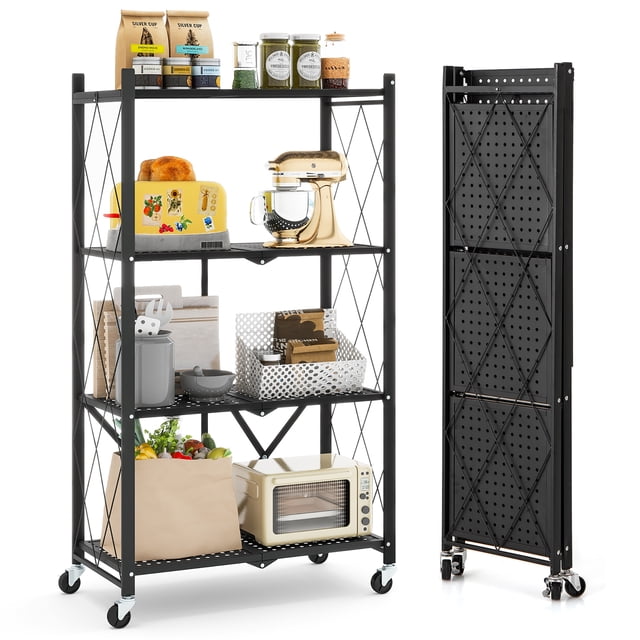 Gymax 4-tier Foldable Storage Shelving Unit w/4 Universal Wheels for Kitchen Study