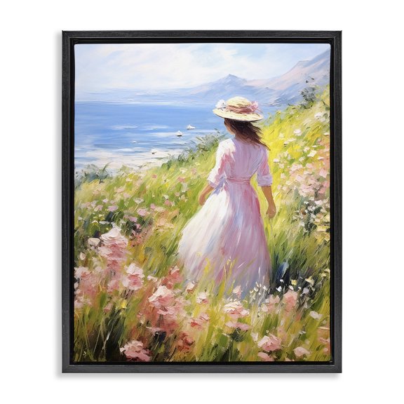Stupell Industries Victorian Woman & Scenic Beach Black Floating Frame Canvas Art, 17 x 21, by RB