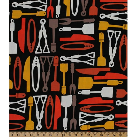 Cotton Cookin' Outdoors Grill Essential Utensils Barbecue Grilling Cotton Fabric Print by the Yard (cx5885-blac-d)