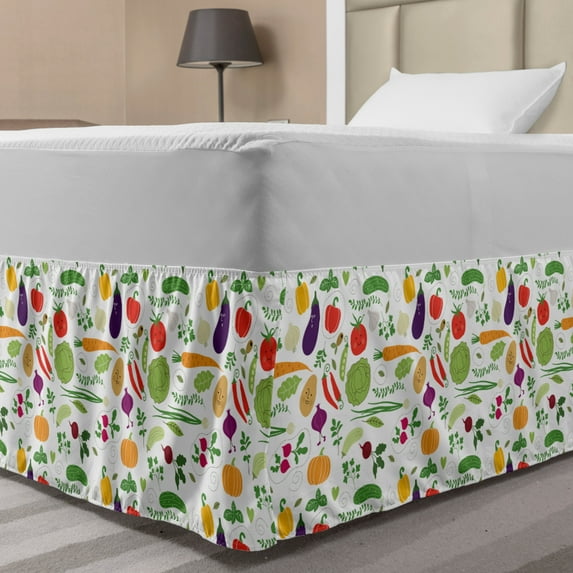 Vegetable Bed Skirt, Illustration of Vegetarian Healthy Food Cabbage Chilli Peppers Tomatoes Potatoes, Elastic Bedskirt Dust Ruffle Wrap Around for Bedding Decor, 4 Sizes, Multicolor, by Ambesonne