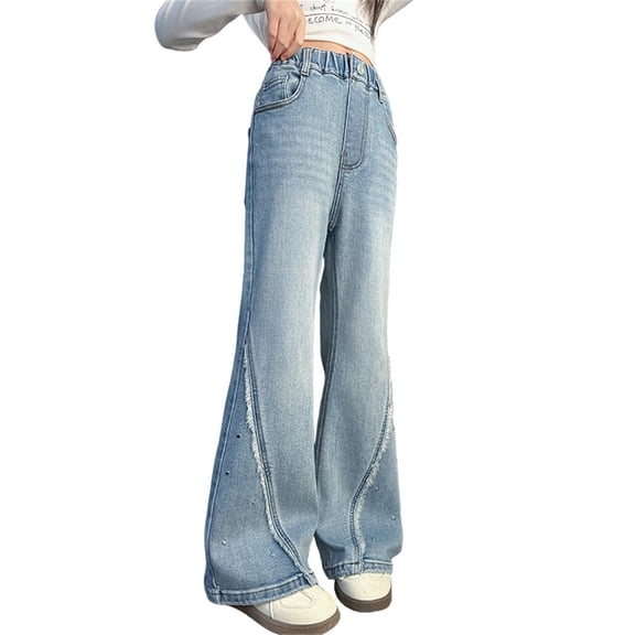 XEGLSBU Jeans for Girls Size 67 Comfortable Stretch Straight Leg Pants for Girls Casual Denim Jeans with Elastic Waist Blue Size 10-11 Years