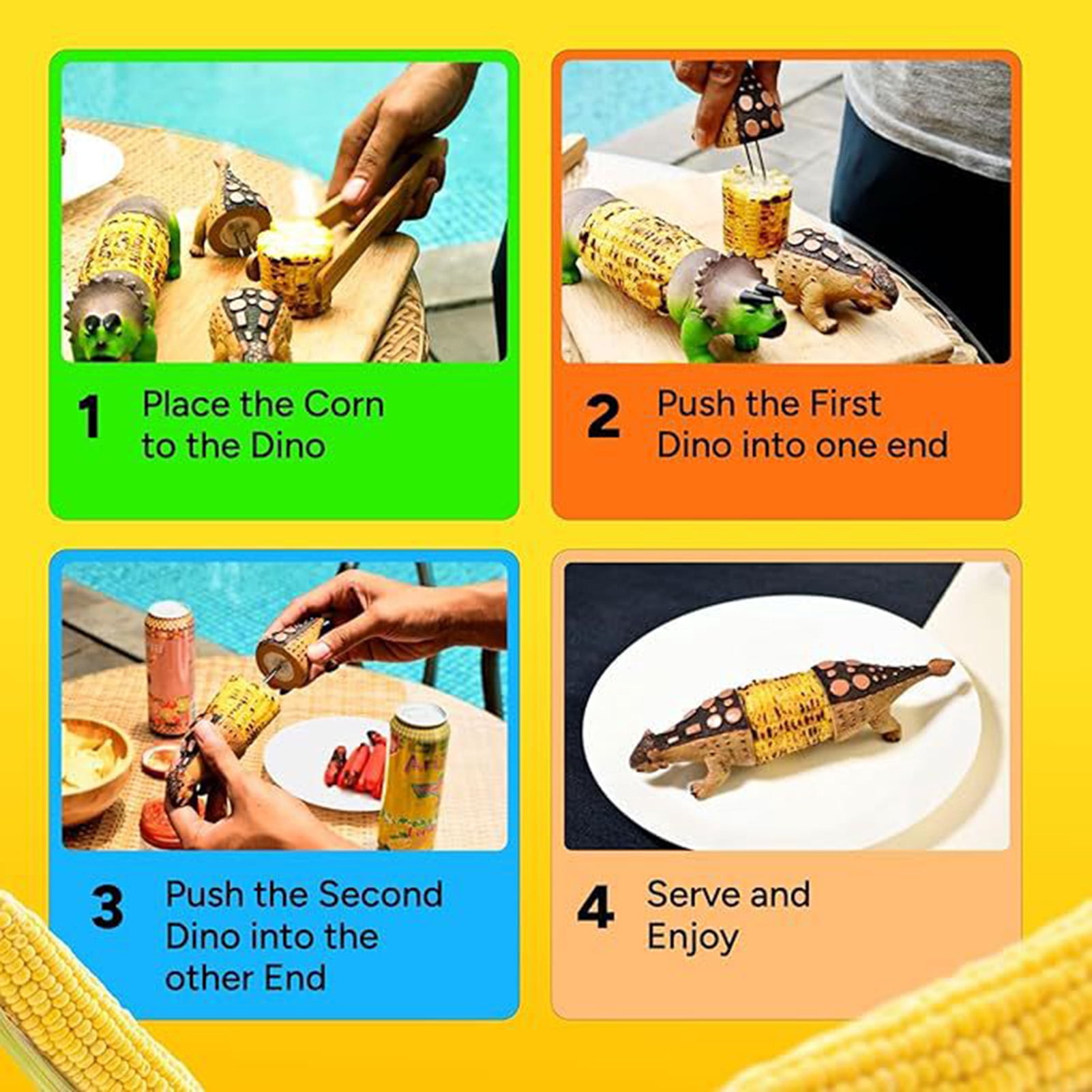 OIUR Dinosaur Corn Cob Holders for Kids Adults Reusable Corn Cob Skewers Dinosaur Corn Picks Kitchen Table Decoration