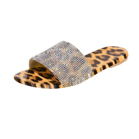 

CieKen Women s Flip-Flops Leopard Printed Rhinestone Casual Beach Shoes Flats Slippers