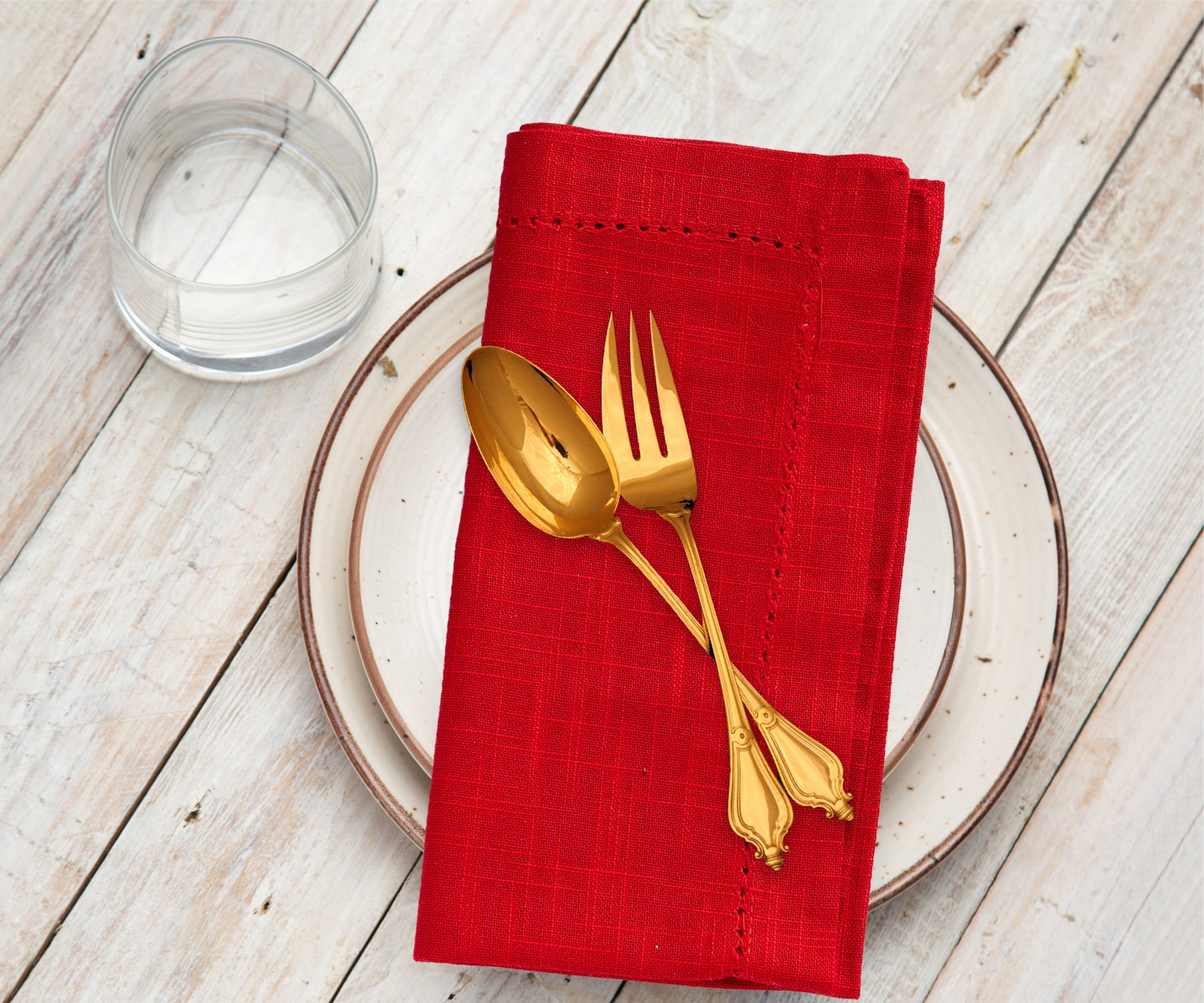 All Cotton and Linen Hemstitch Napkins - 18x18 Red, Set of 6 Red Cloth Napkins