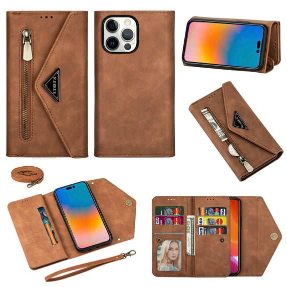 Nalacover for iPhone 13 Pro Wallet Case,360 Protection PU Leather and Soft TPU Magnetic Flip Folding Kickstand Card Slots Zipper Pocket Shockproof Cover with Crossbody Shoulder Strap.Brown