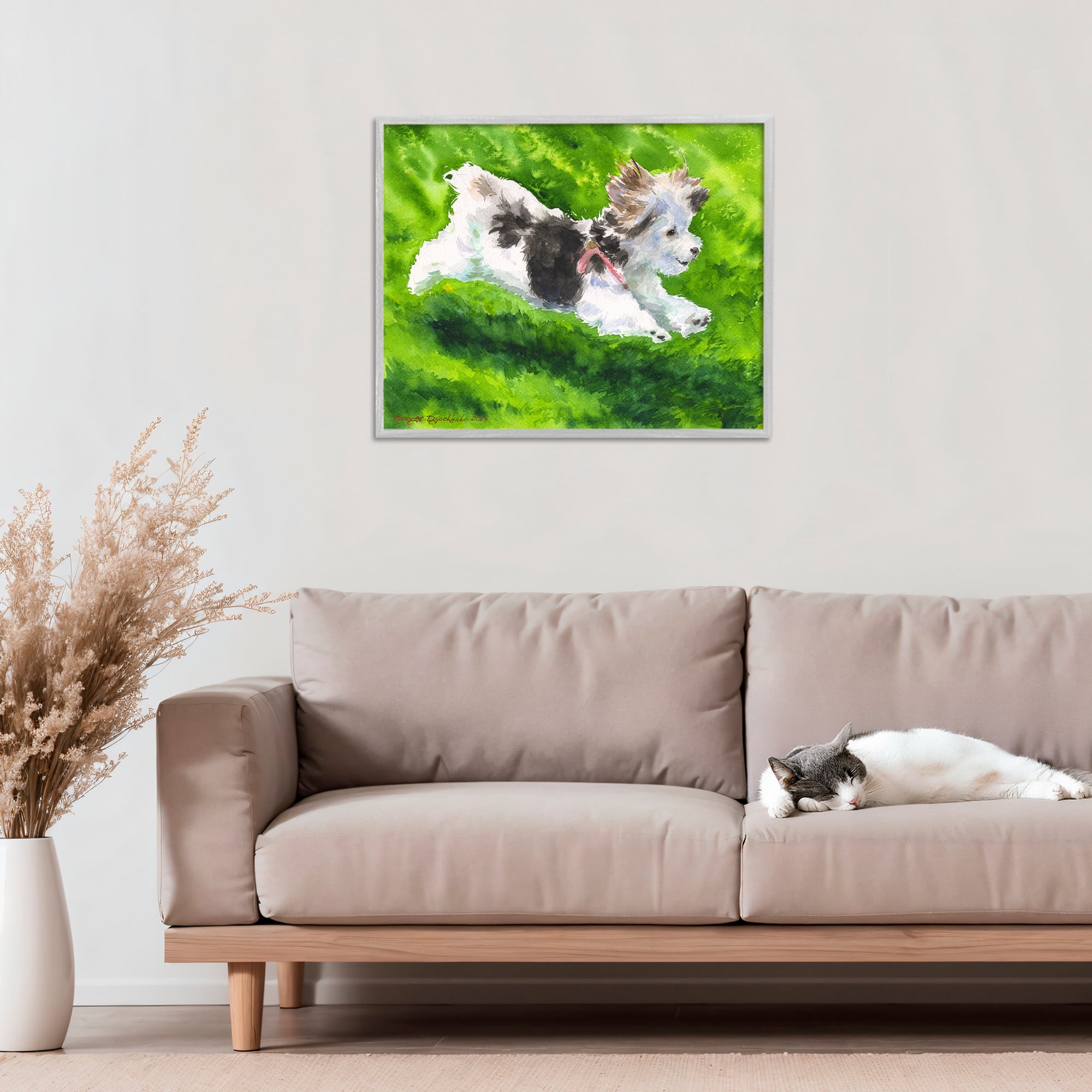Stupell Industries Happy Maltipoo Running Gray Framed Giclee Art, design by George Dyachenko