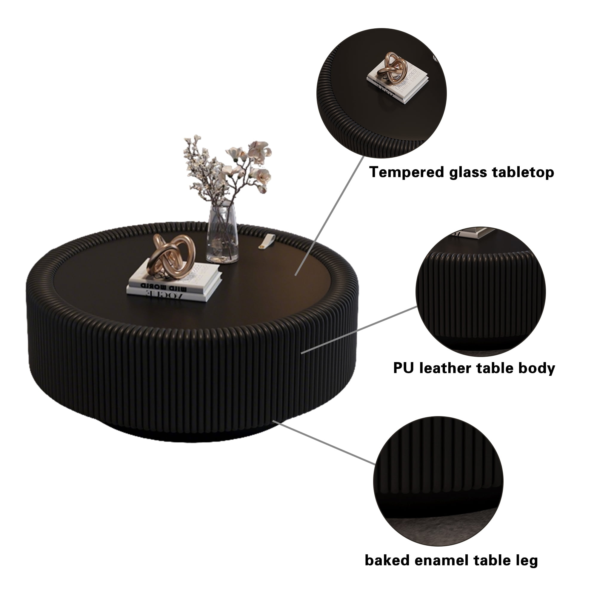 Leumius Round Fluted Coffee Table with Tempered Glass Top, PU Leather Body , Baked Enamel Metal Base & Hidden Storage , Modern Minimalist Accent Table for Living Room Black
