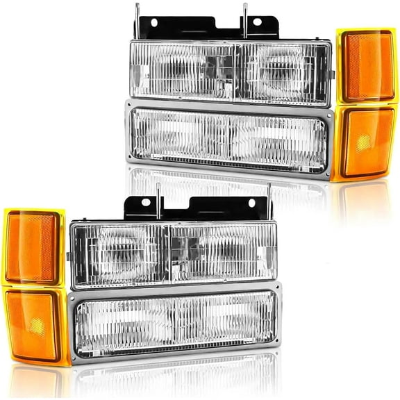HOUGEET Headlight Assembly Fit for 1994-1998 OBS Chevy Silverado C/K 1500 2500 3500 Suburban, 1995-1999 Chevy Tahoe w/Bumper Lamp, Replacement Housing Headlamp