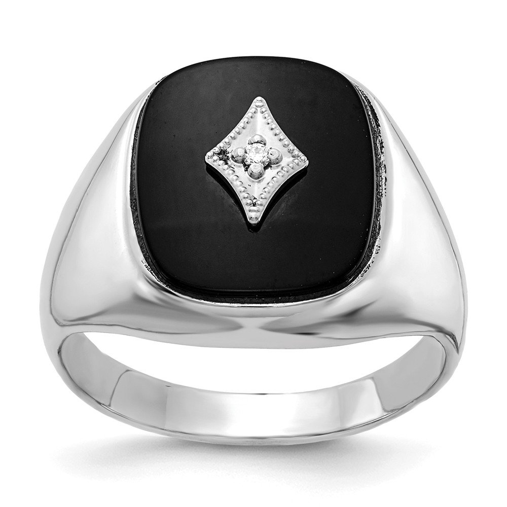 GemApex 14K White Gold Ring Band Men's Diamond Round Onyx Black, Size