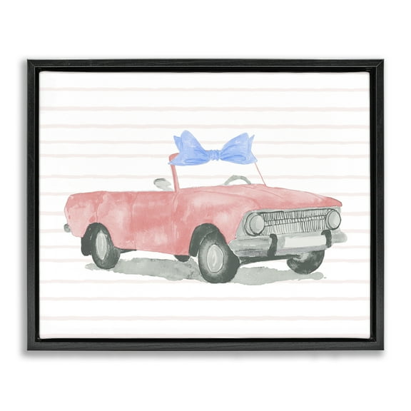 Stupell Industries Blue Bow on Antique Car Transportation Painting Black Floater Framed Canvas Art Print Wall Art, 21 x 17