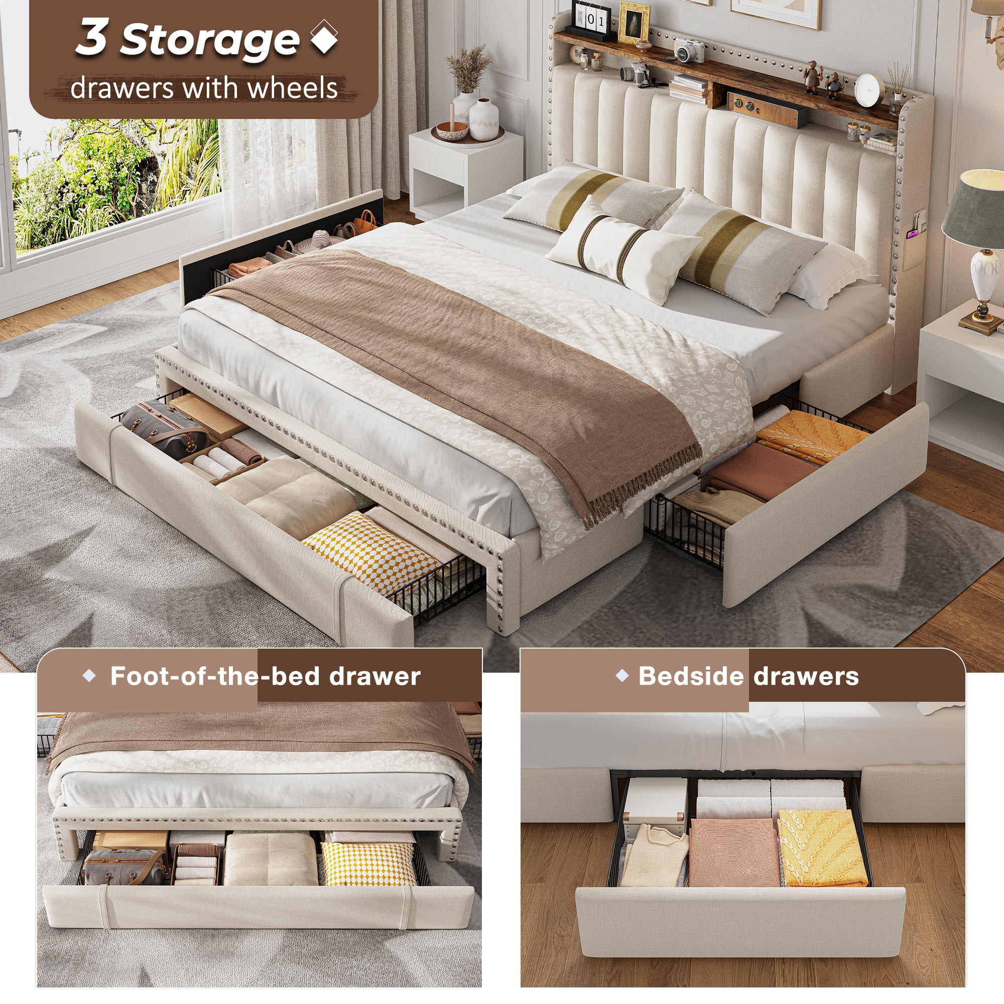 Queen Size Bed Frame with 3 Storage Drawers Upholstered Bed Frame with 2-Tier Shelf Bed Frame with Headboard & Side Pockets,Beige