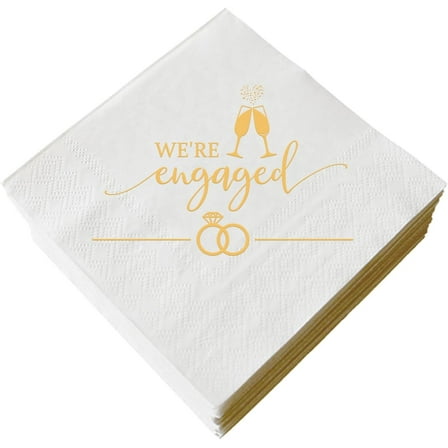 20pcs We're Engaged Napkins White and Gold Engagement Cocktail Napkins Wedding Paper Disposable Party Napkins Bar Beverage Table Decorations Supplies 3 Ply 5"x5"