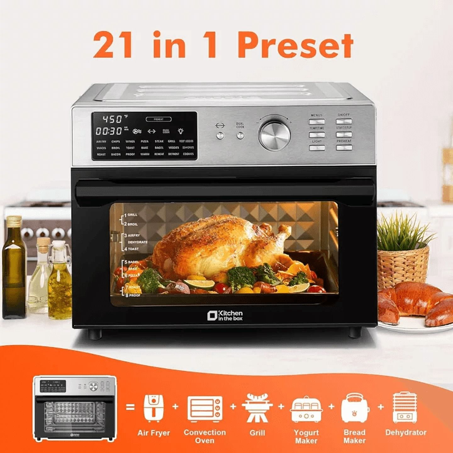 Kitchen in the Box 32QT Digital Air Fryer Toaster Oven Combo, 21-in-1 Convection Oven with Rotisserie & Dehydrate, Family-Size Countertop Oven with 6 Accessories, 1800W, Silver