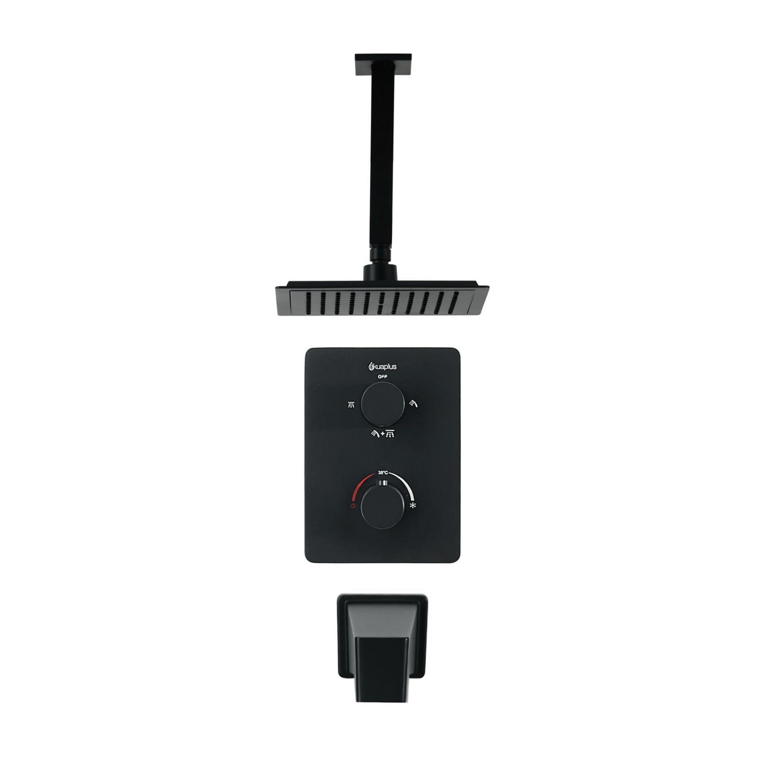 Square 3-functions thermostatic valve, shower head, bath spout or simultaneously, Matte black finish