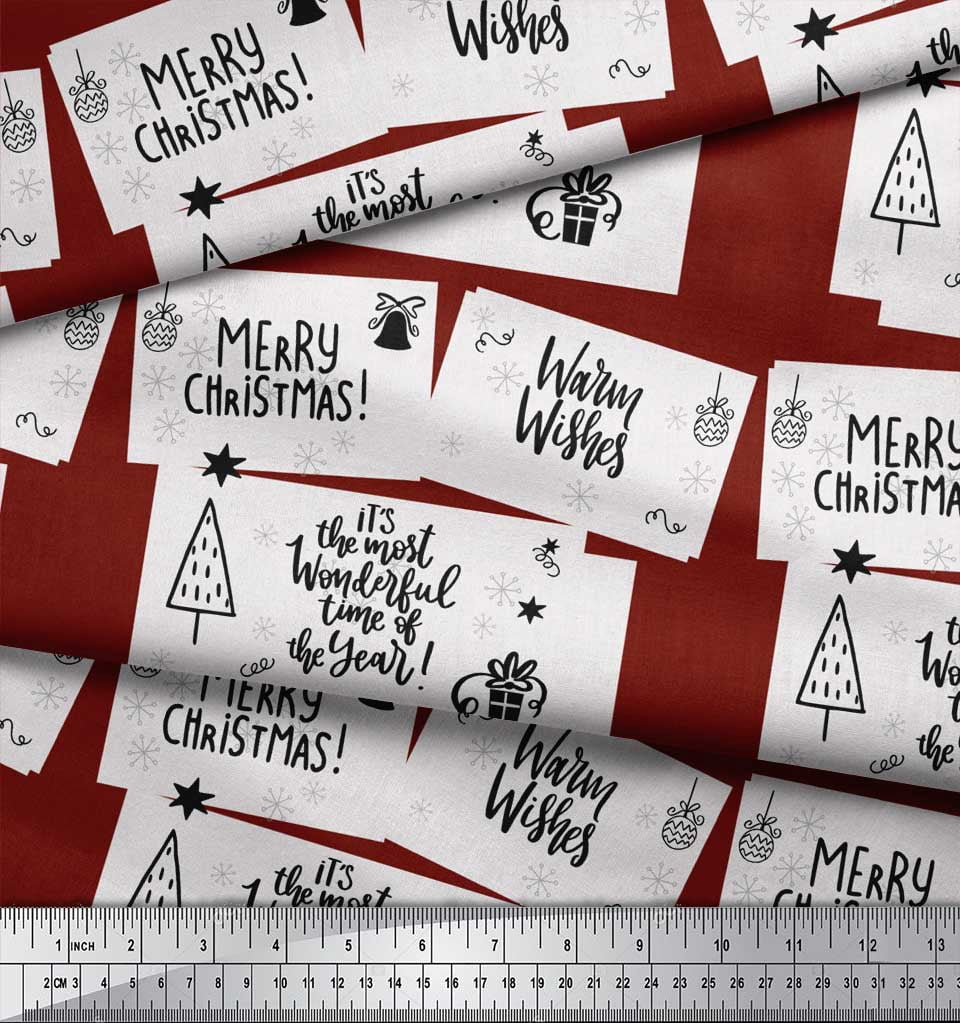 Soimoi Red Cotton Voile Fabric Tree & Merry Christmas Text Printed Craft Fabric by the Yard 42 Inch Wide