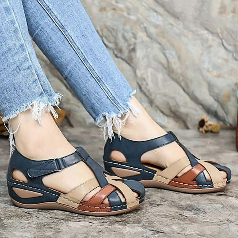 huanledash Women Summer Retro Anti skid Round Toe Strap Wedge