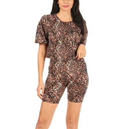 

French Affair Women s Animal Print Cropped Tee and High Waist Bike Shorts Pajama Lounge Set in Brown