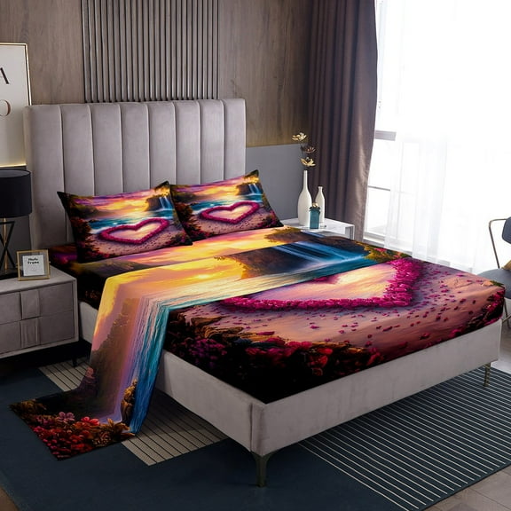 Erosebridal Rose Heart Twin Sheet Sets, Ocean Beach Bed Sheets Twin, Romantic Anniversary Bedding Twin Size, Lightweight Bedroom Decoration, 3pcs