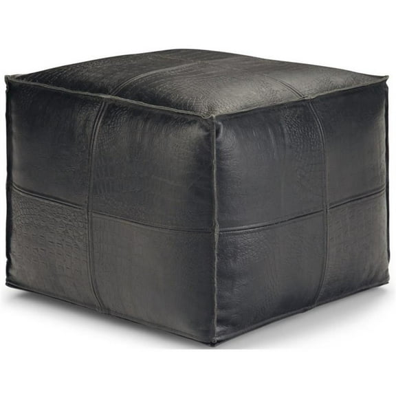 Trent Home Boho Square Pouf in Black Genuine Leather
