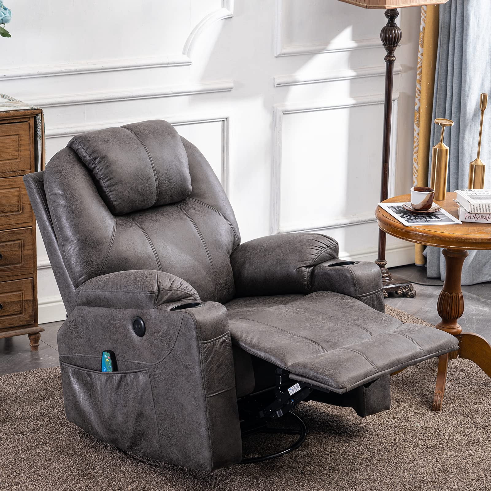 SOCIALCOMFY Swivel Glider Rocker Recliner Chair with Heated Massage Ergonomic Lounge 360 Degree Manual Swivel Sofa Seat with 2 Cup Holders, Side Pockets & USB Ports for Living Room (Gray)