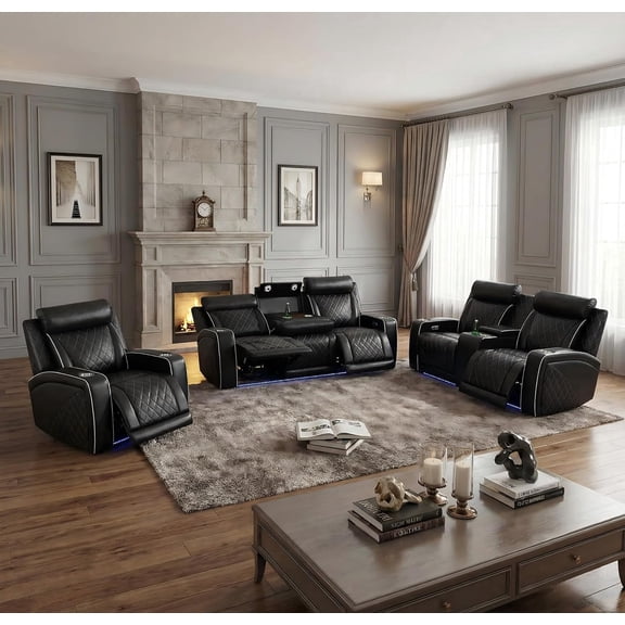 Black Leather Reclining Living Room Set, Leather Reclining Couch Set with LED Light/Cup Holders/USB Ports, Power Recliner Sofa Set for Living Room/Home Theater/Office (Black)