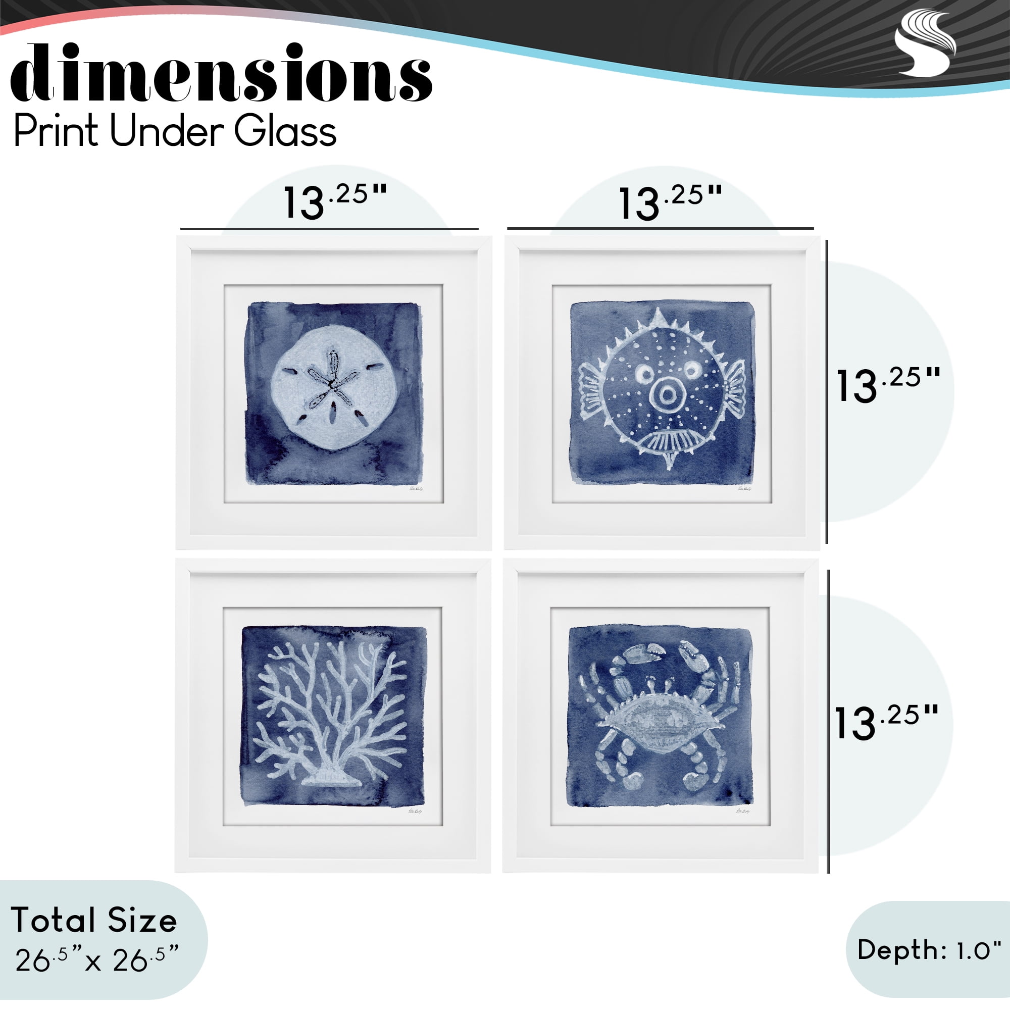 Stupell Industries Aquatic Creatures on Indigo 4 Piece White Framed Print Under Glass Set, design by Patti Bishop
