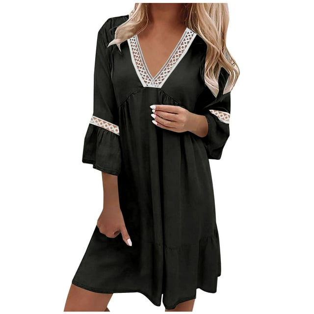 QIPOPIQ Robes pour Femmes à Étages Manches Courtes Robes Décontractées Col en V Robe Midi d'Été Unie Manches Pagode Robes Robe Ample Offres 2023